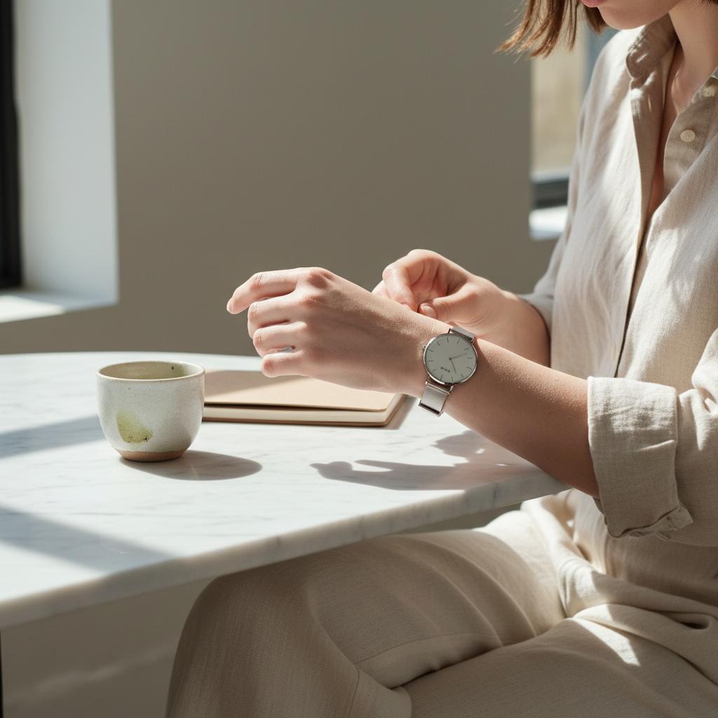 Minimalistisk Skagen-ur på marmorbord